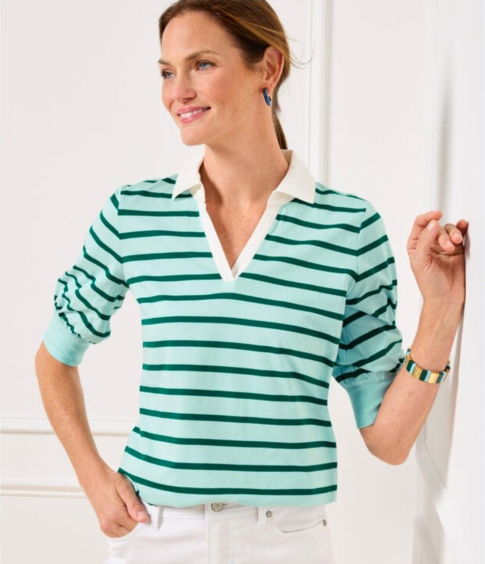 Talbots Blue Green Stripe Short Sleeve Polo Top Johnny Collar Medium Petite NWT